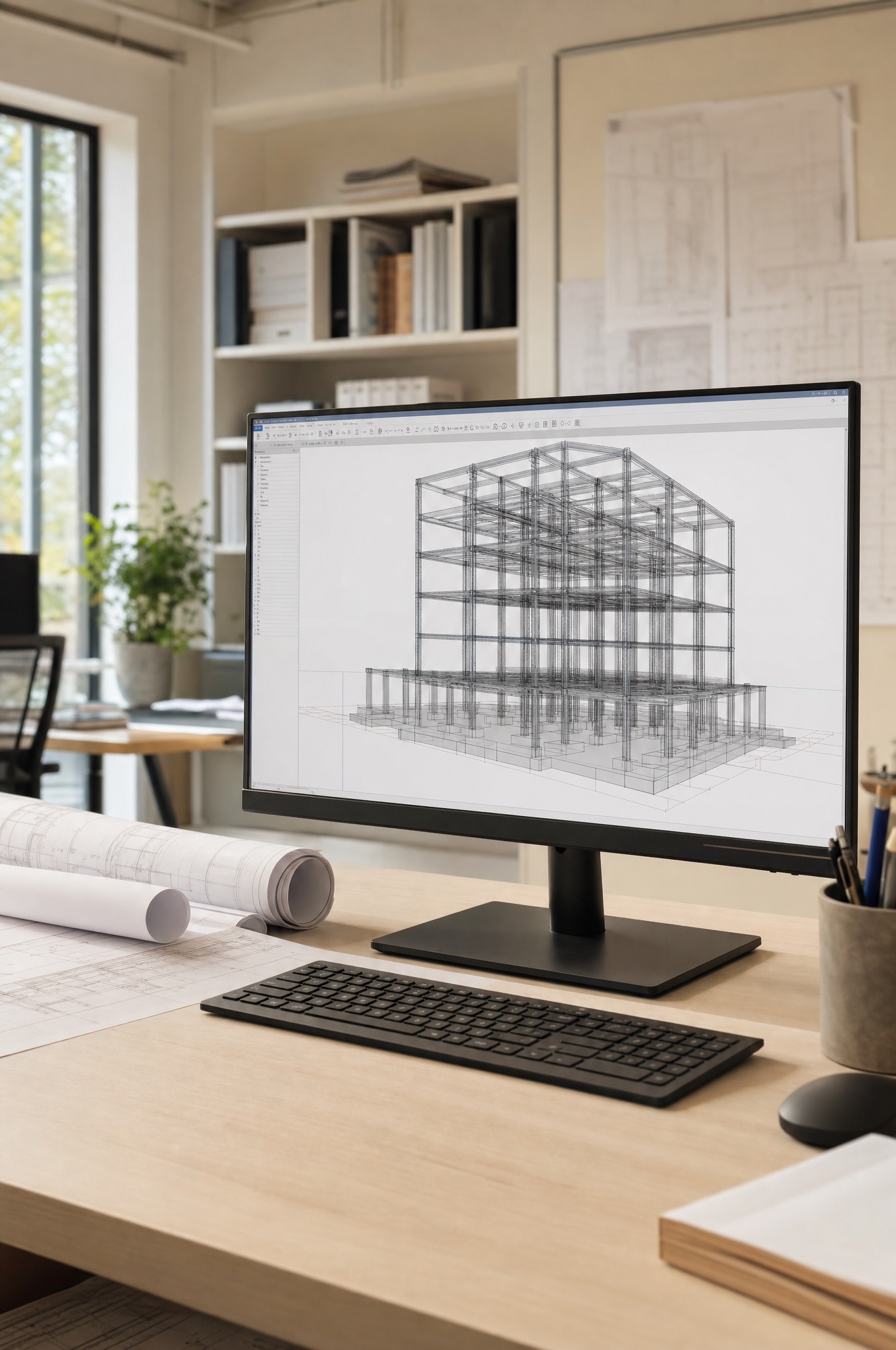 CAD-Arbeitsplatz mit 3D-Tragwerksmodell eines Gebäuderahmens auf dem Bildschirm