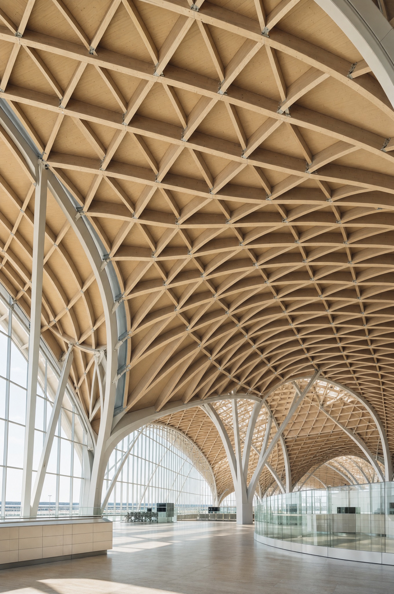 Weit gespanntes Dachtragwerk einer großen Halle aus Stahl und Holz
